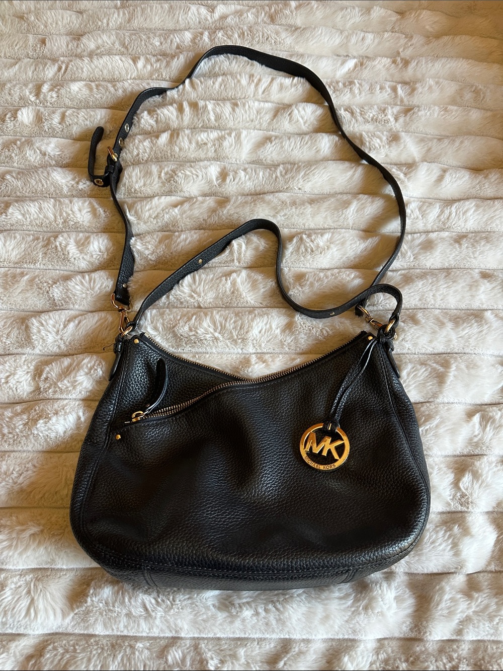 Michael Kors Black Pebbled Leather Crossbody Shoulder Bag with Gold MK Charm